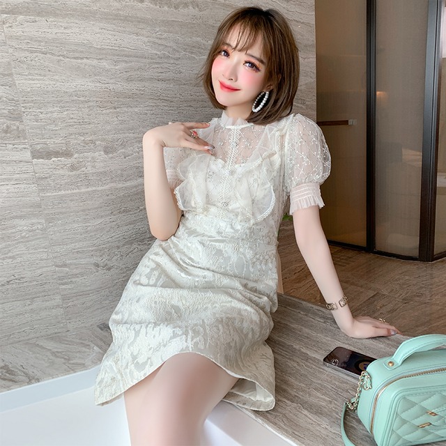 刺繍メッシュジャカードAラインスカート ドレス サマー 夏物 ステッチ MIUCO69524034310