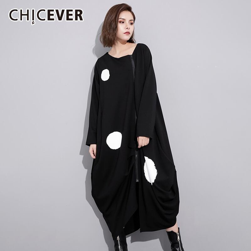 CHICEVERドットプリントドレスレディースOネック長袖ヒットカラー白黒非対称裾特大ドレス2020 ロング ホワイト ブラック 6base548665581403