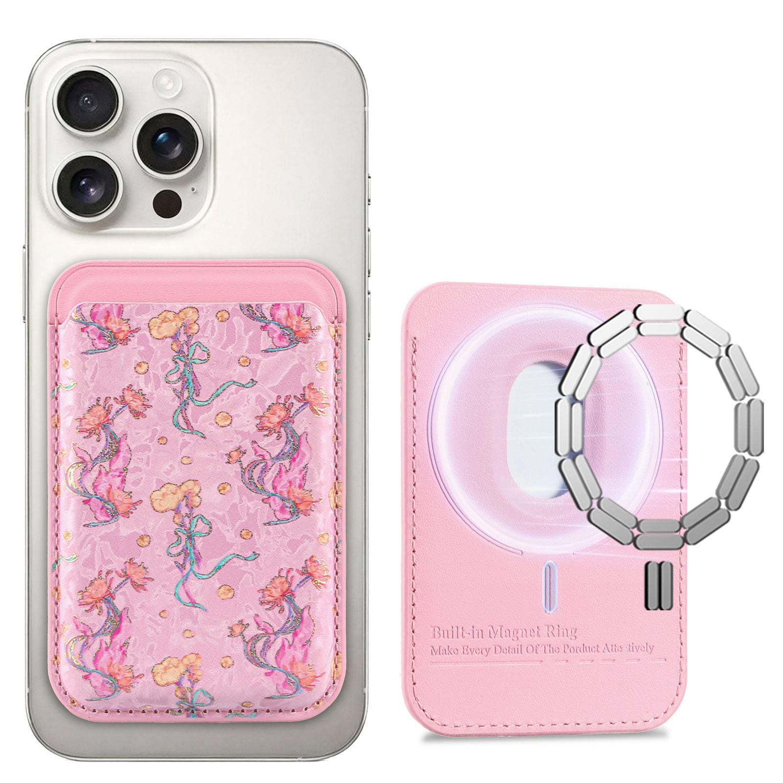 花柄デザイン iPhone14ケース マグネット式 MagSafe対応 カードケース 着脱式 花柄 マグネットカードウォレット