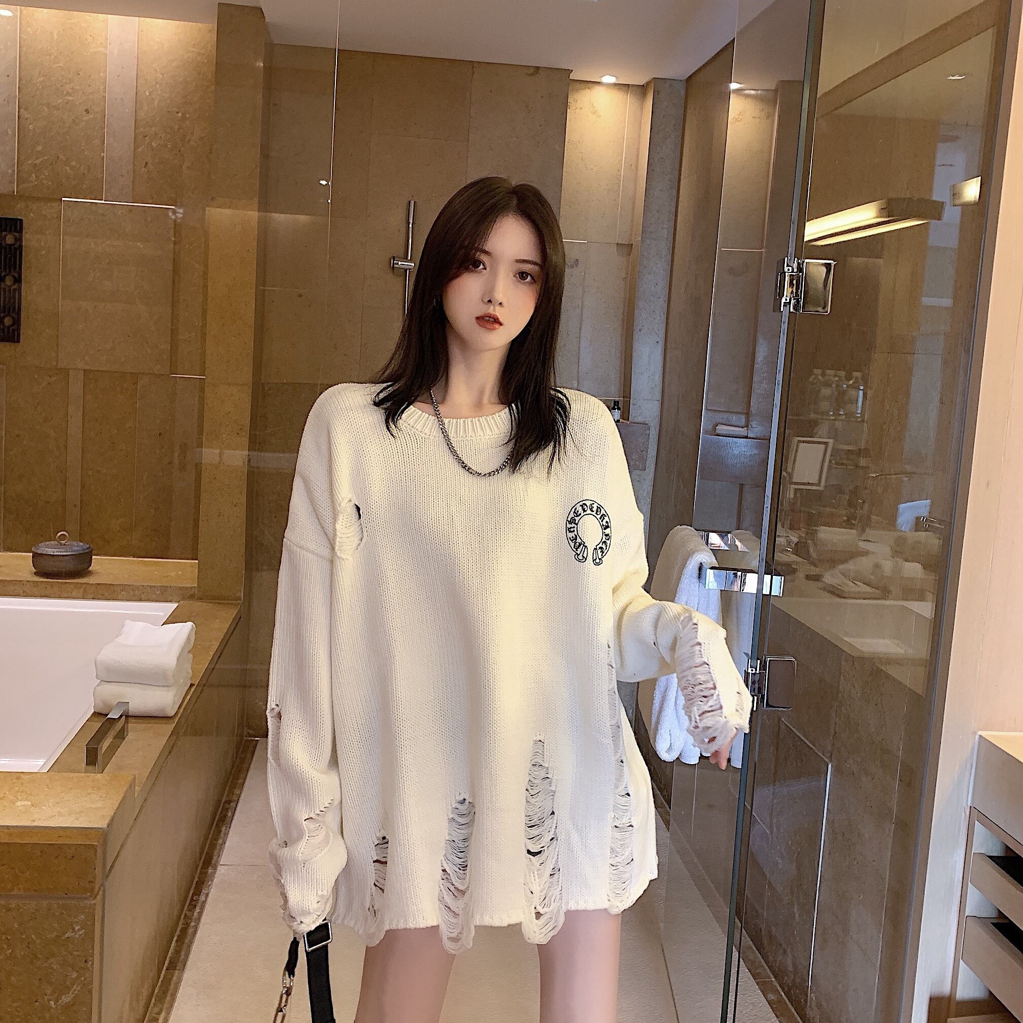 ルーズニットセーター プルオーバー オータムブラックトップス ロング 秋物 ドラファッションホール77661683568