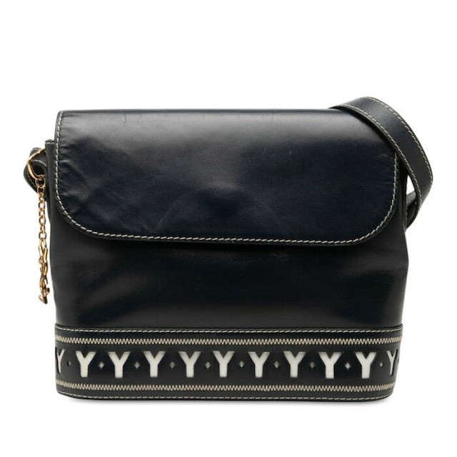 サンローラン ヴィンテージ Yカット 斜めかけ ショルダーバッグ ネイビー ホワイト レザー レディース SAINT LAURENT 中古