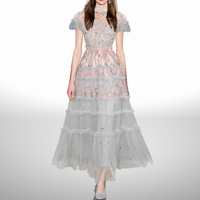 フラワー刺繍チュールワンピース 1506