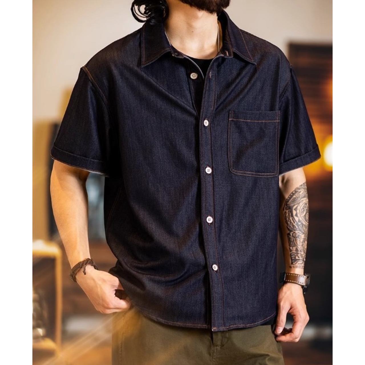 胸ポケット半袖デニムシャツ 10060