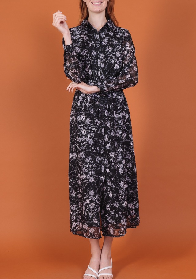 花柄シフォン シャツワンピース ブラック｜ロングワンピース 長袖 ウエストリボン シアー 大人ワンピース きれいめ レディース