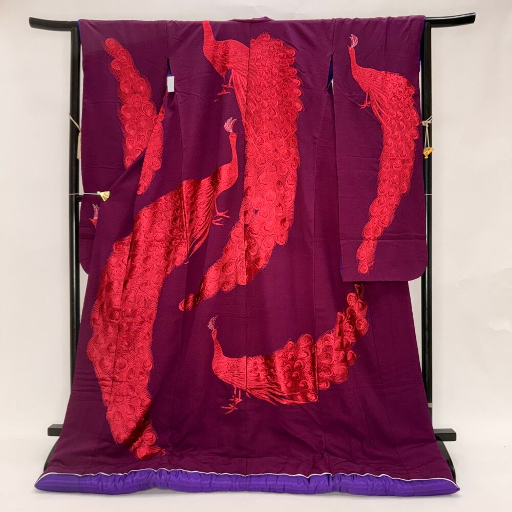 色打掛 正絹 鶴 刺繍 紫 打掛 花嫁衣裳 ポリエステル リサイクル 中古 ブライダル ウエディング 着物 6645