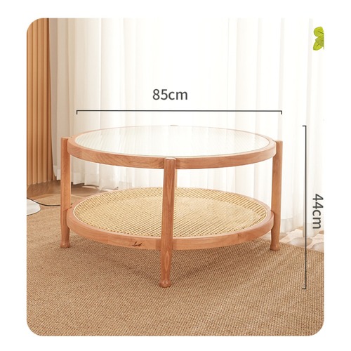 ラタン編み サーキュラーテーブル 丸型 コーヒーテーブル リビングテーブル 天然ラタン 無垢材 北欧風 ナチュラル 2段テーブル 収納棚付き ラウンドテーブル 藤編み ウッドフレーム