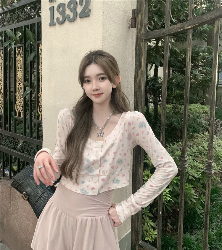 プリント柄Tシャツ サマー薄手ショートトップス ロング 大人ガーリー スウィート キュート カジュアル 夏物 ブラックストロベリース60014886984