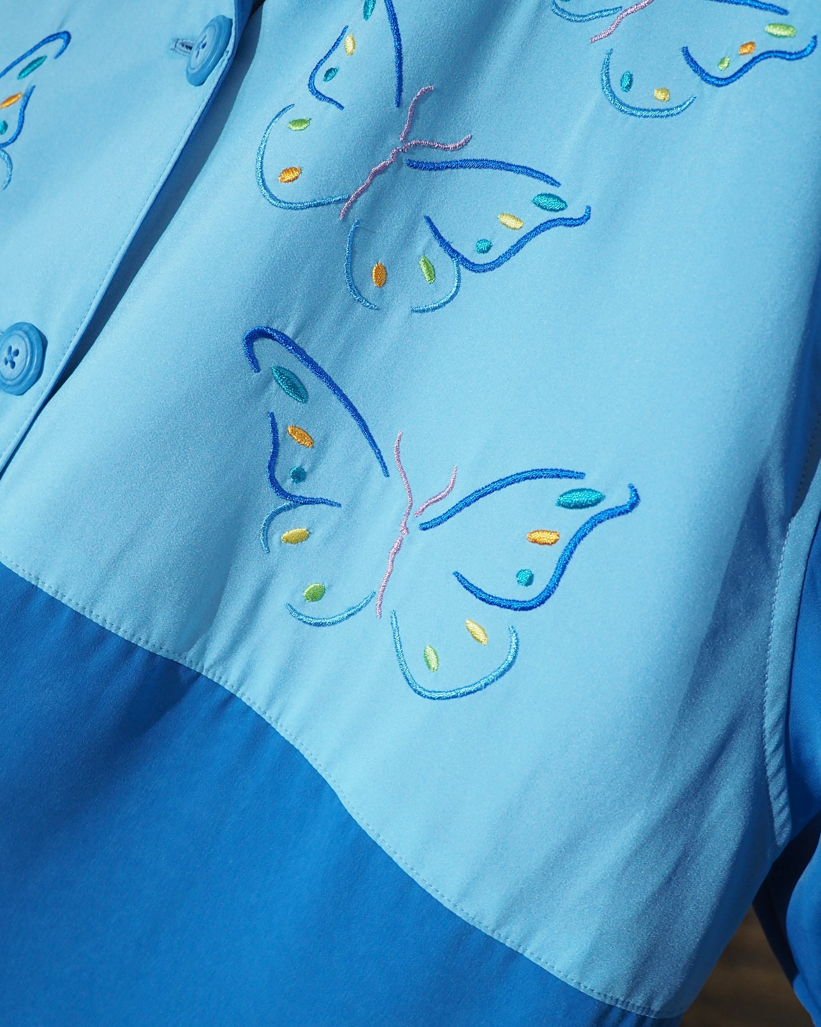 Beautiful Butterfly Embroidery vintage loose Open collar SS shirt