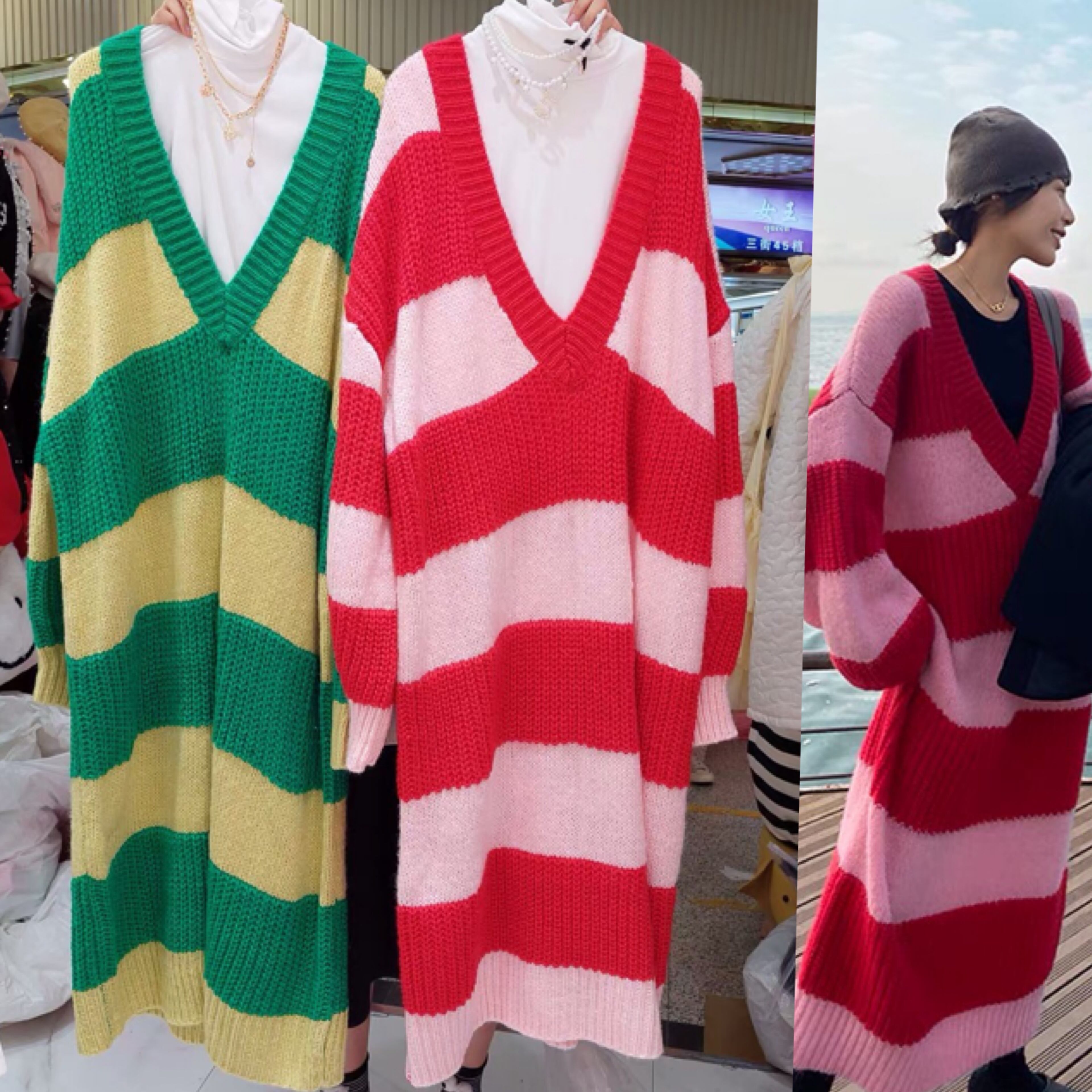 2カラー 】ニット ボーダー ワンピース ゆったり ピンク グリーン 黄色