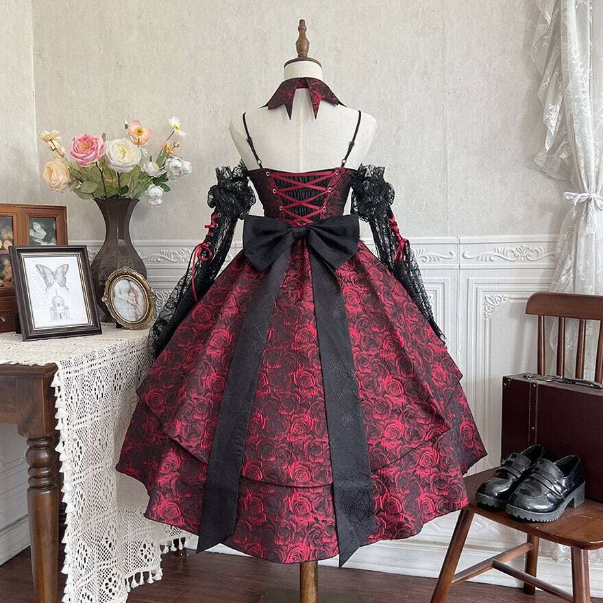 ロリータファッション 深紅の薔薇レースゴスロリロングワンピース