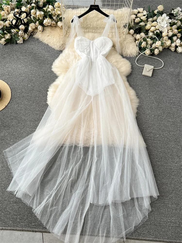 Sing補強-女性用メッシュストラップドレス、女性用シニアロングドレス、ポルカドットデザイン、包帯、白、イブニングパーティー、ファッション_412