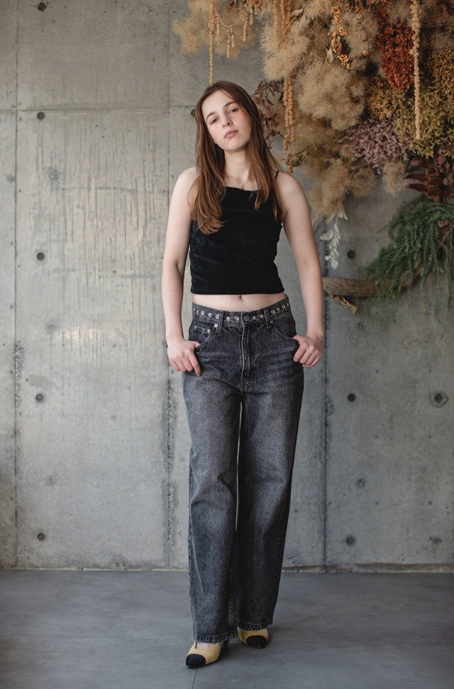 （select)スタッズデニム(インディゴブルー/ブラックデニム）