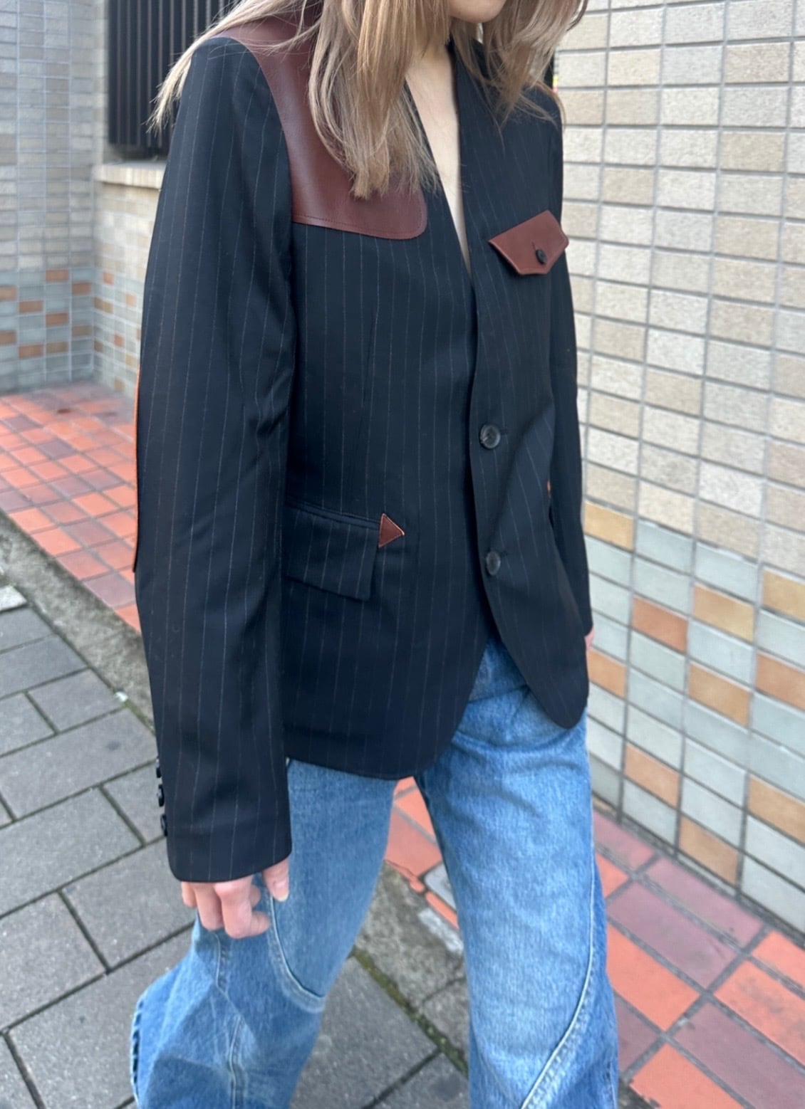 KHOKI  [LEATHER-PATCH NO-COLLAR JACKET]