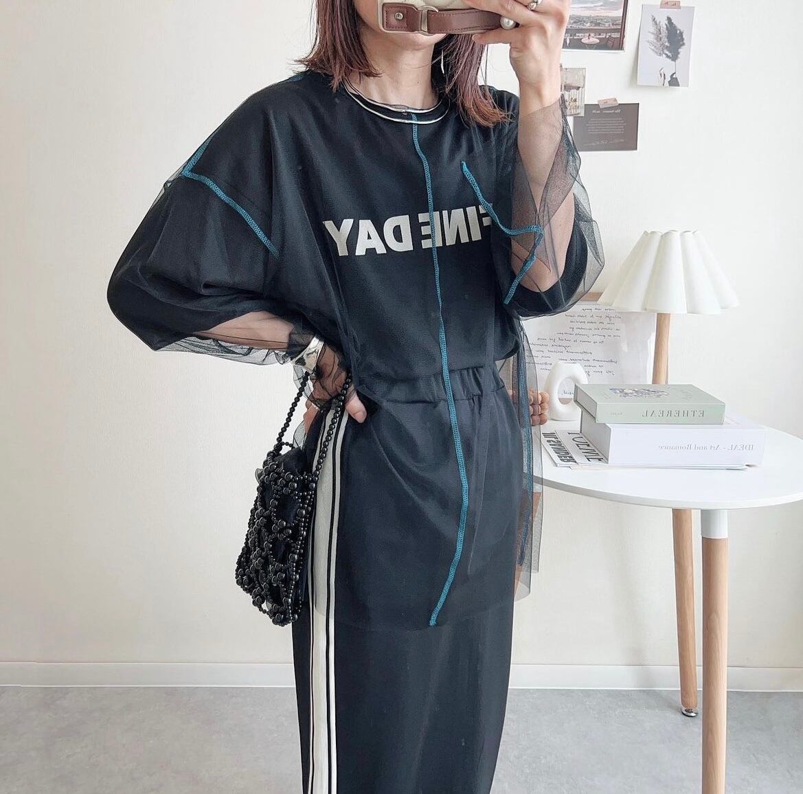 3color / シアー配色ステッチチュールトップス