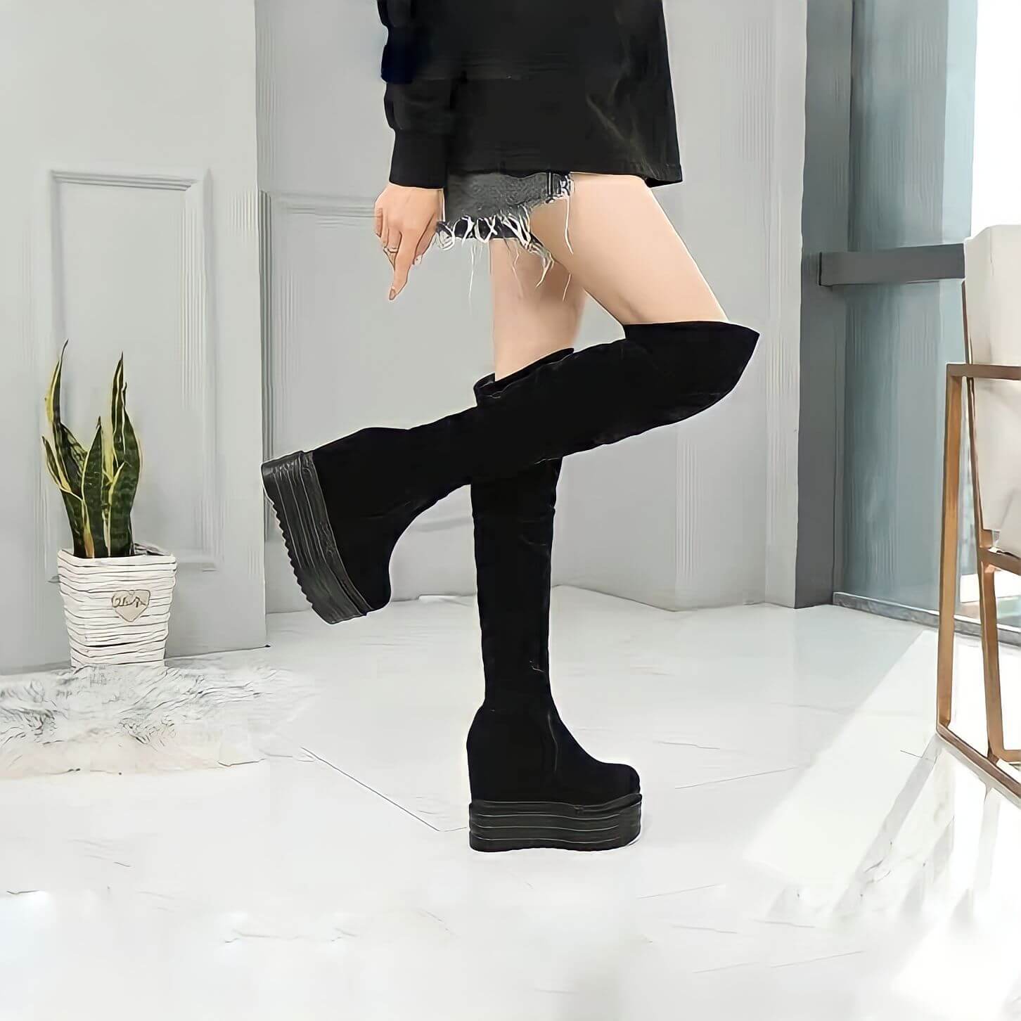 ブラックニーハイブーツ ウェッジヒール 美脚ルーズウェッジソールニーハイブーツ14cm | 厚底シューズ