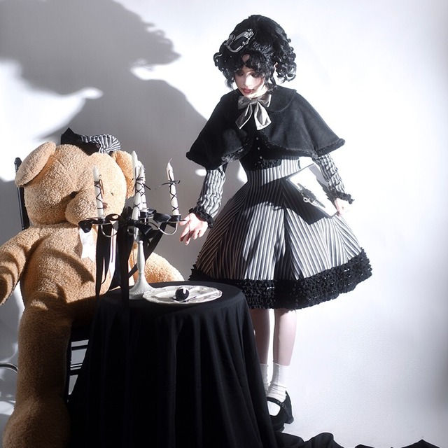 ゴスロリ ワンピース バックリボン 森ガール ミドル丈 ストライプ柄 上品 お茶会衣装