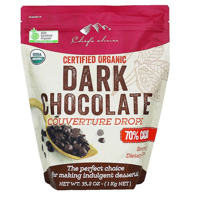 シェフズチョイス オーガニック ダークチョコレート 1kg カカオ70% クーベルチュール Organic Dark Chocolate Drops クリオロ種 非加熱RAW製法