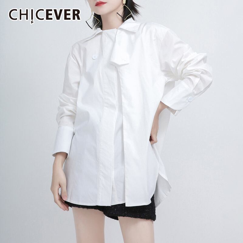 CHICEVERアシンメトリーシャツレディースラペルカラー長袖サイドスプリット特大ホワイトブラウス2020秋スタイル ロング 6base542972901985