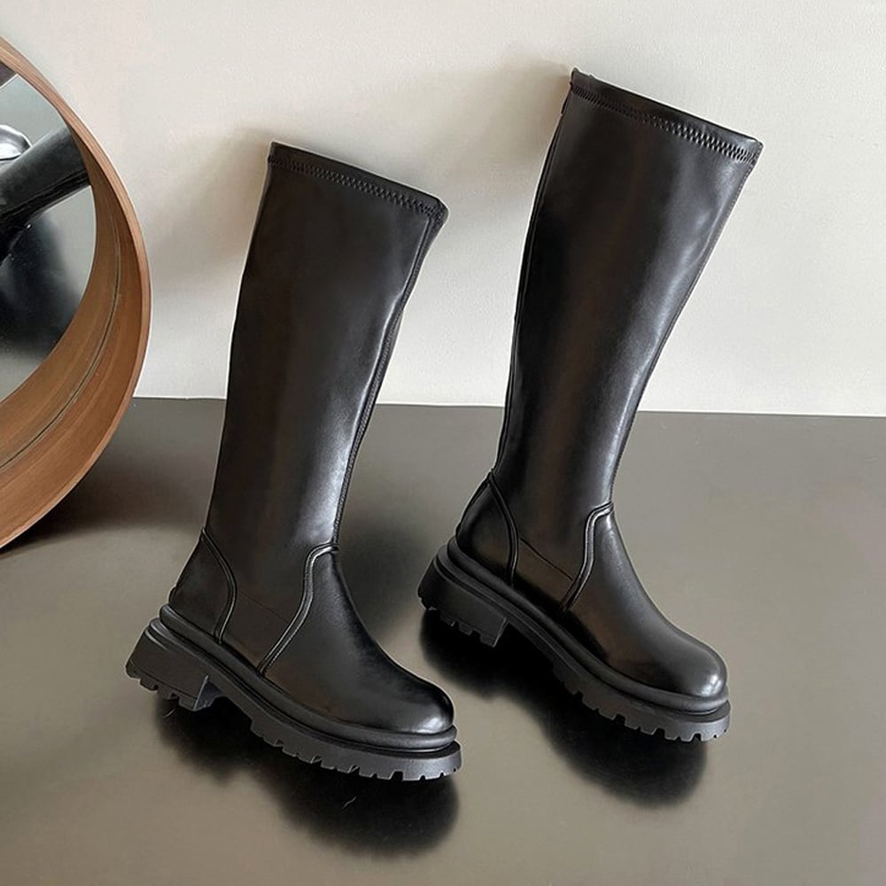 厚底 ロングブーツ レディース 秋冬 韓国 PUレザー ブーツ きれいめ 大人 かわいい 通勤 おしゃれ シンプル バックファスナー 太ヒール 履きやすい 大人可愛い 大人女子