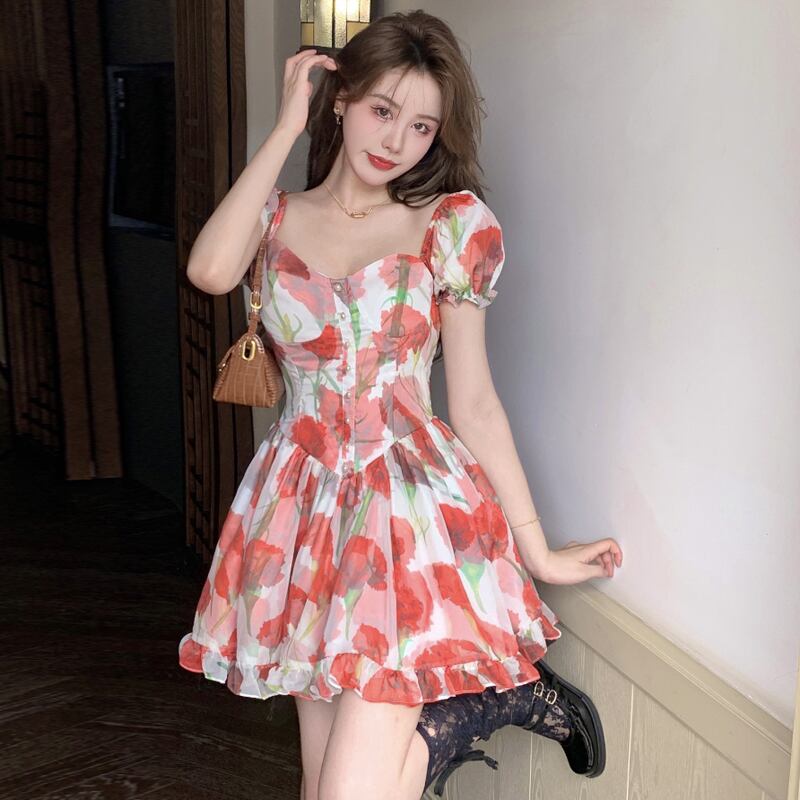 スタイルドレス スリーブプリントシフォンウェストAライン レース 大人ガーリー スウィート キュート カジュアル スクウェア ハンチェンe36122109027