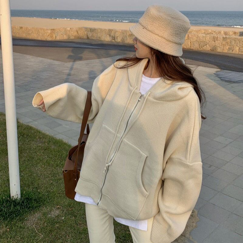 スプリングベルベットニットジャケット ルーズジッパーフードカーディガン ロング 春物 YY-ファッション46370938810