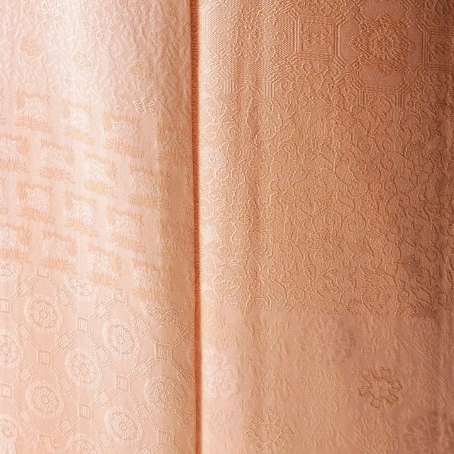 【袷】杏子色　吉祥文づくし地紋　色無地