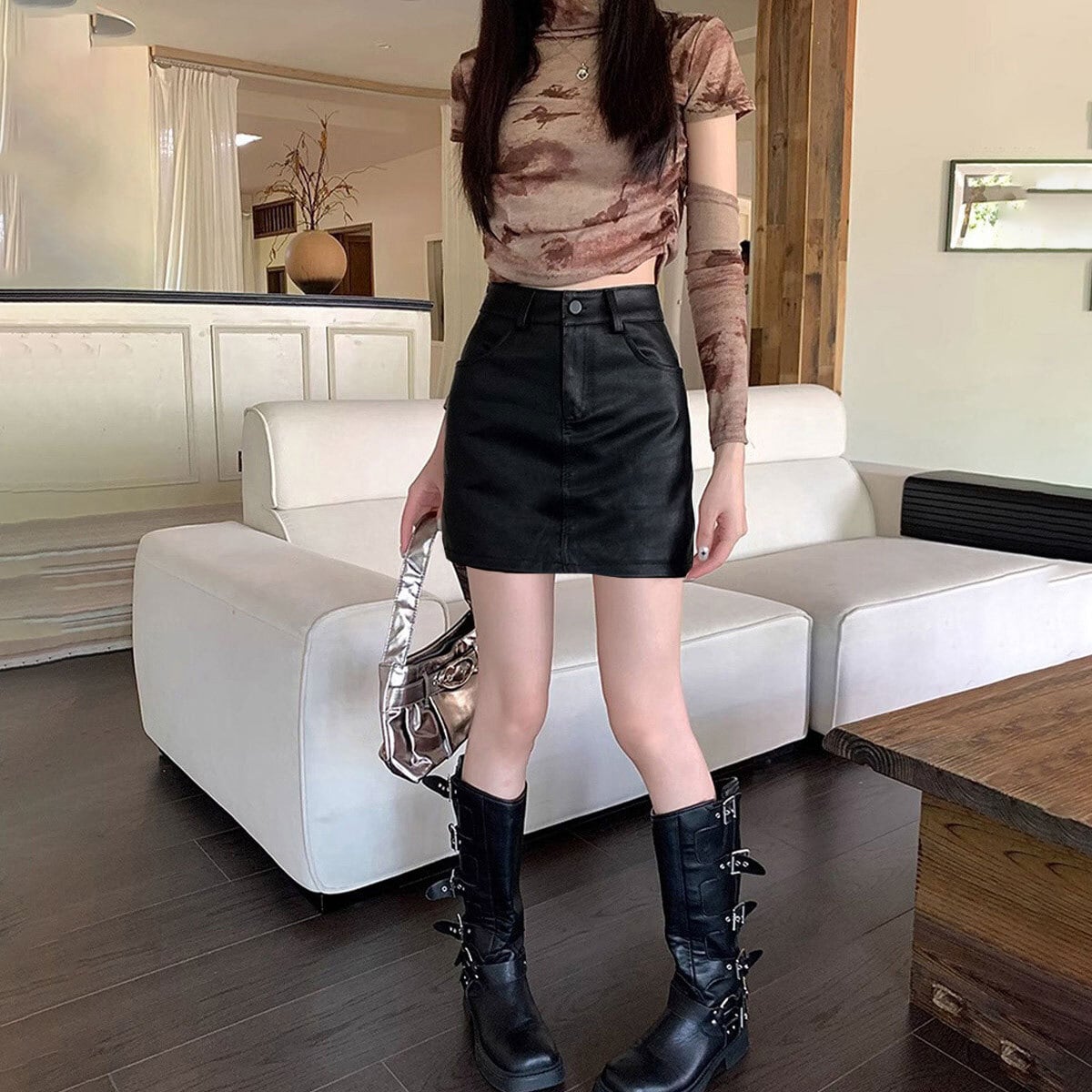ミニスカート PUレザー ハイウエスト レディース 春秋冬 韓国 スカート おしゃれ きれいめ 大人 カジュアル シンプル タイト 美脚 細見え 大人可愛い 大人女子