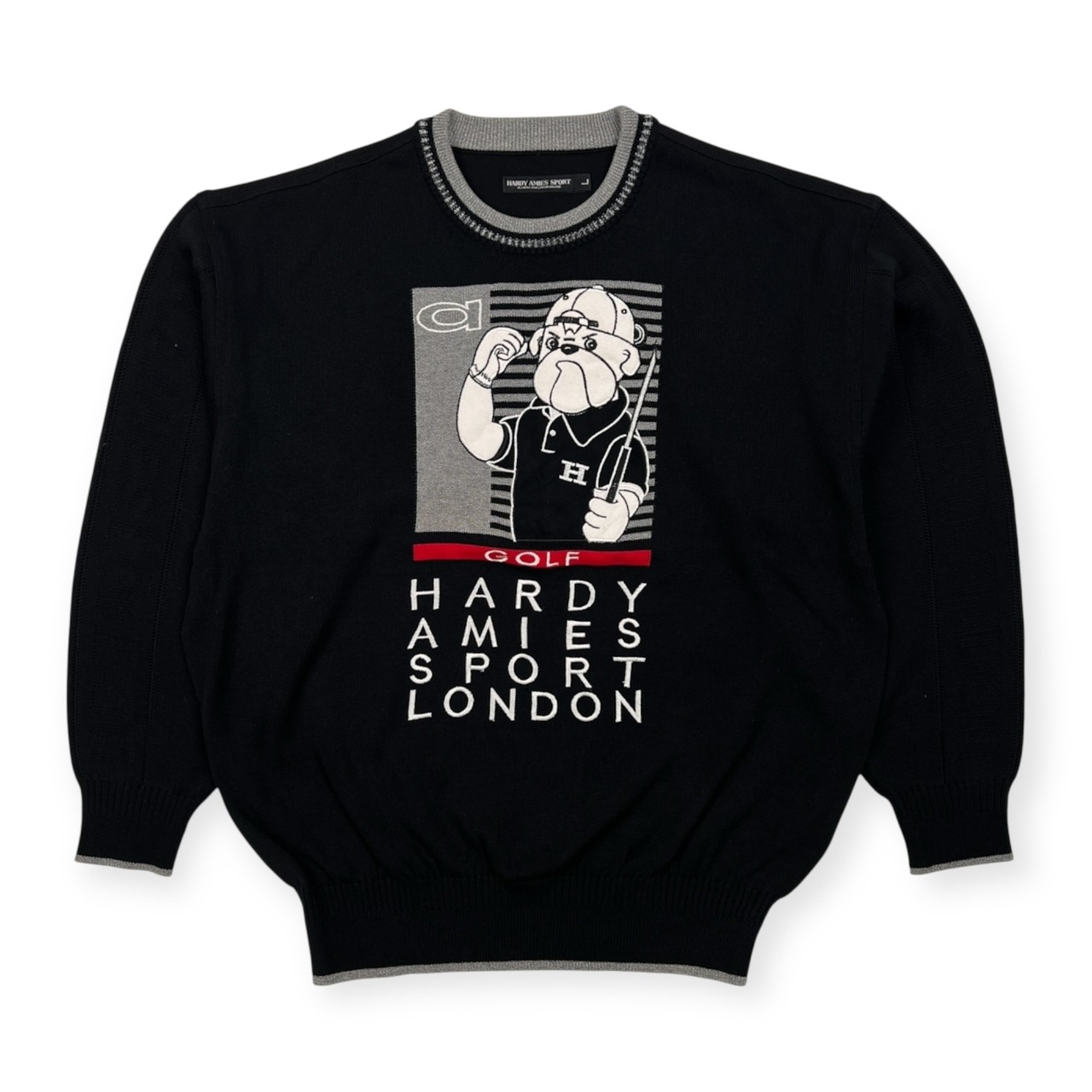 美品 HARDY AMIES SPORT ハーディエイミス スポーツ BIGキャラ ゴルフ刺繍 コットンニット セーター サイズ L /ブラック