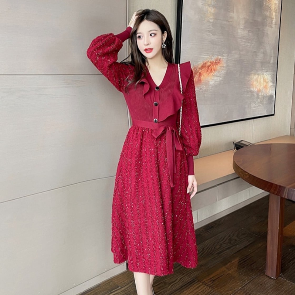 ワンピース 長袖 膝丈 フレア Vネック フリル フロントボタン ウエスト  