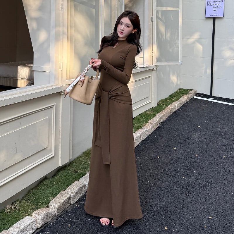 ロングワンピース 無地 ウエストリボン ボディコン コーヒー色 S M L