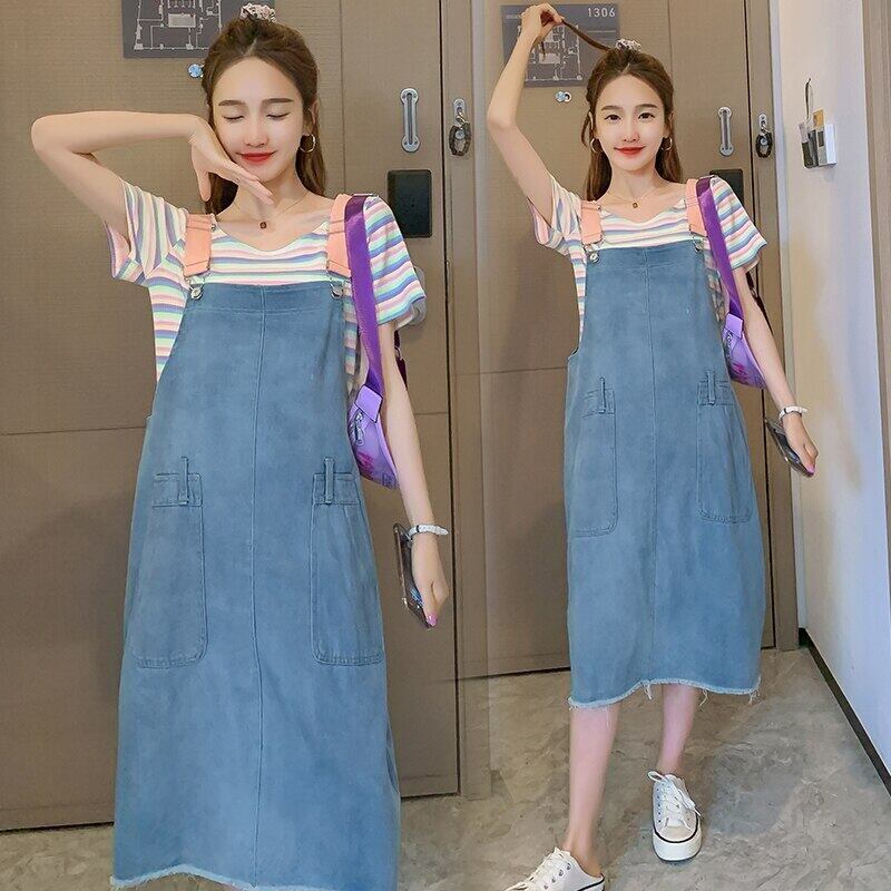 【新作】【送料無料】 9497＃2021サマーデニムマタニティビブドレス+ストライプTシャツセットゆったりとした服妊娠中の女性妊娠中のスーツ 夏物 AL expec435348044557