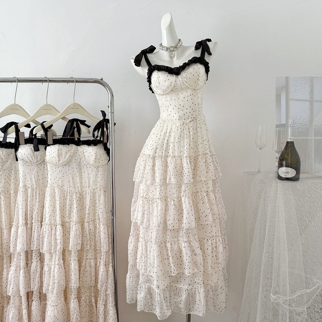 【dress】ショルダーリボンドット柄ワンピース　M32122