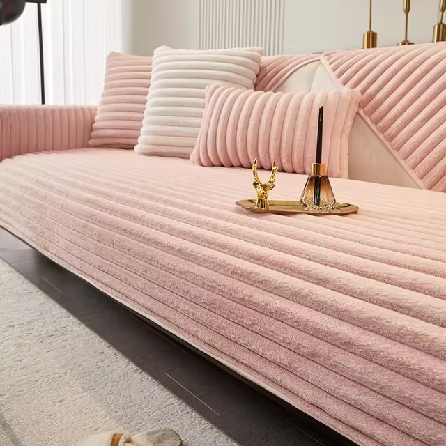 フェイクラビットファーソファカバー｜ピンク