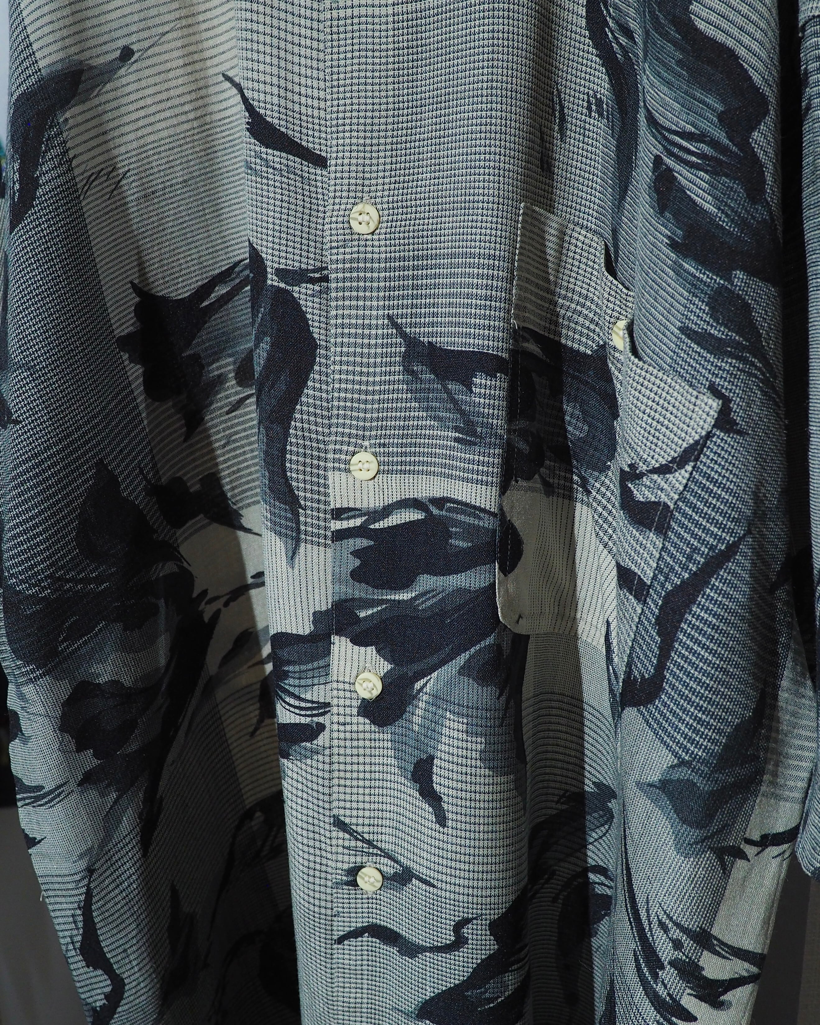 1990s " GOOUCH " Beautiful Flower ink painting vintage loose SS shirt
