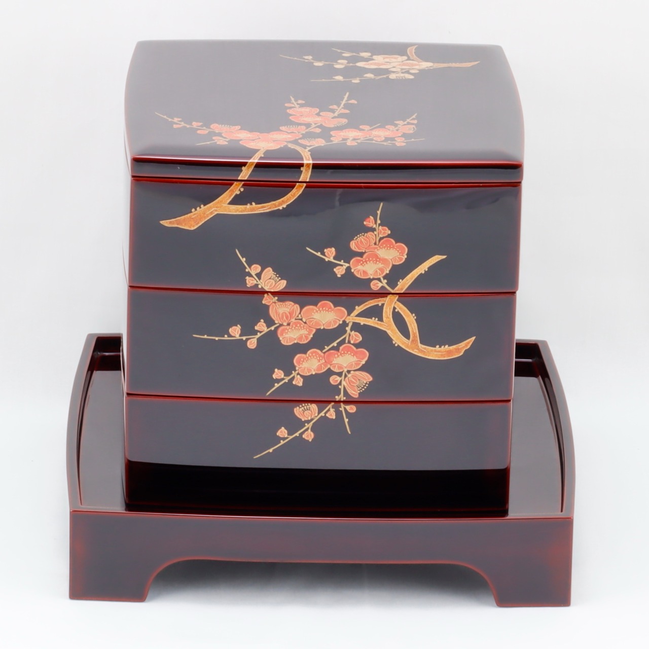 7 輪島塗 三段重／紅白梅蒔絵／重台付き