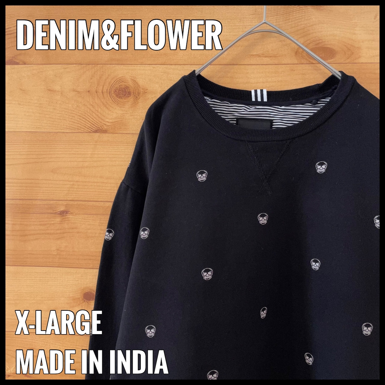 【DENIM&FLOWER】プリント スウェット トレーナー スカル ドクロ オールパターン 総柄 XL US古着