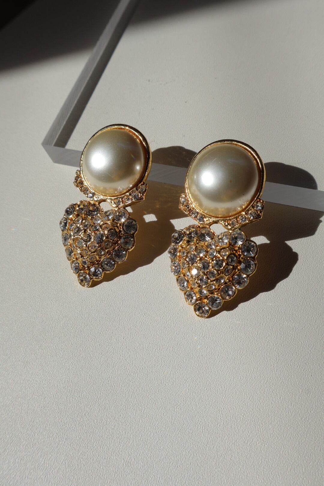 Vintage Pearl & Crystal Heart Earrings