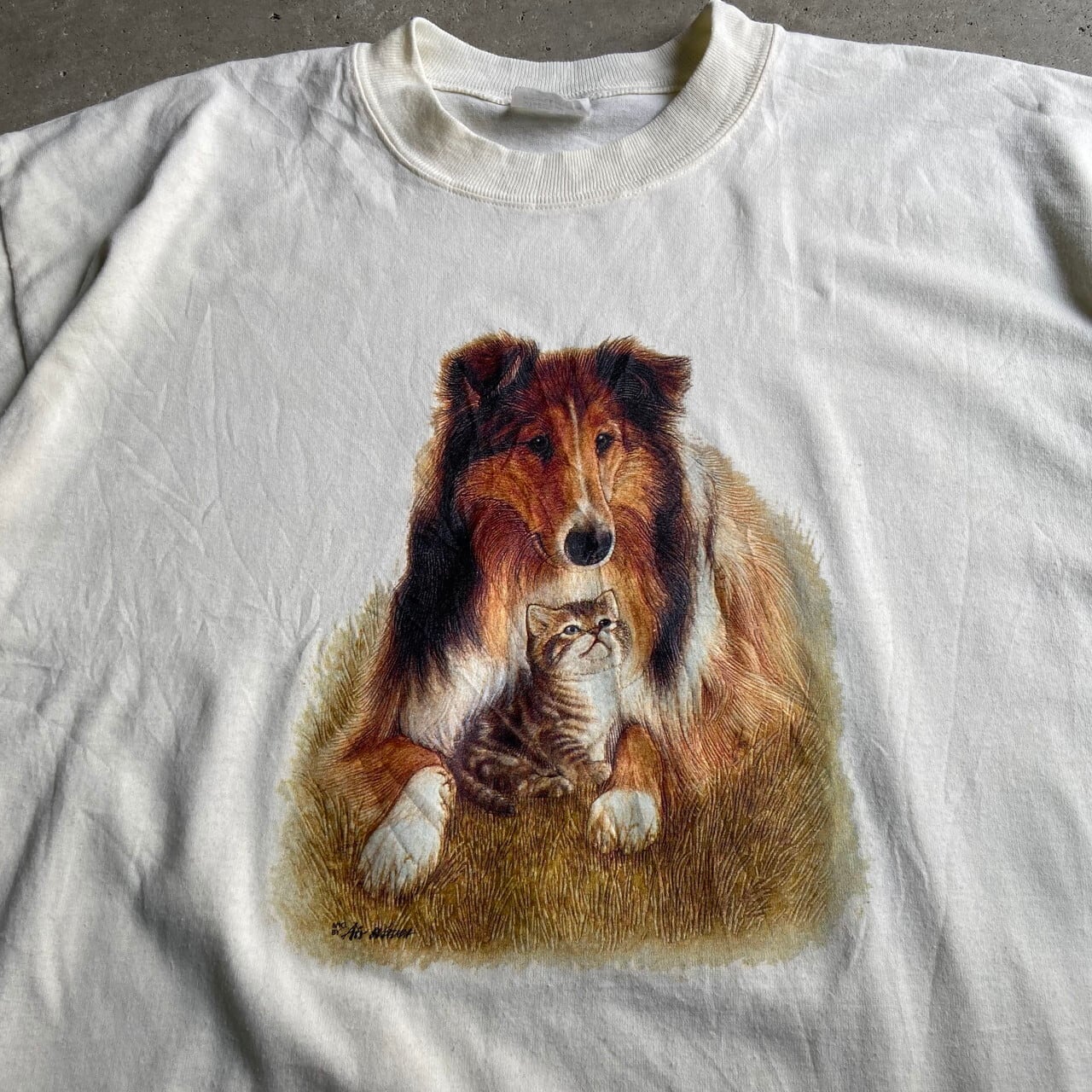 90s 猫 アートTシャツ アニマル  白 ホワイト 動物 USA製