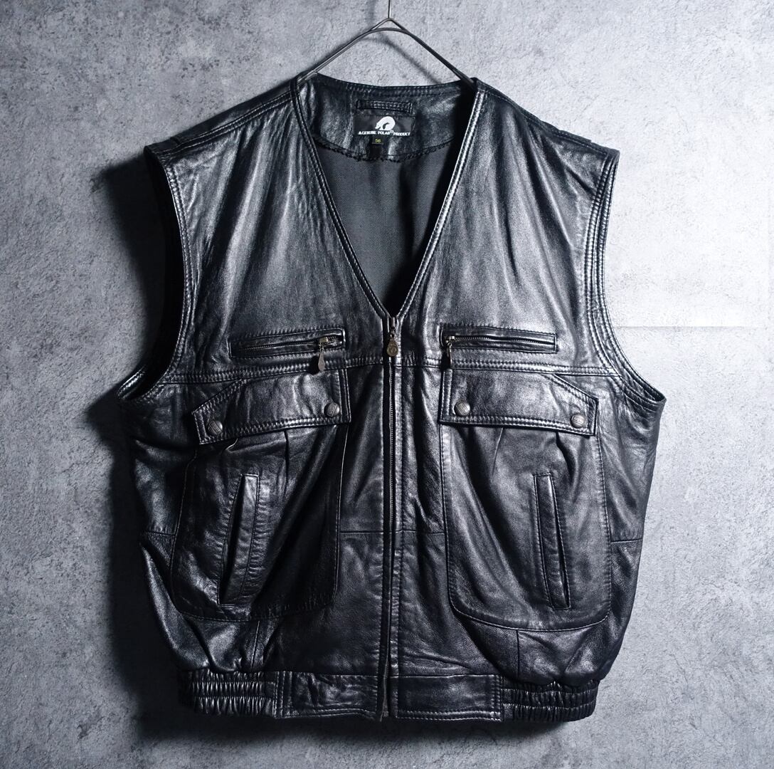 EURO Black Many Pockets Zip Design Leather Vest