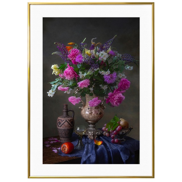 花写真 バロック様式の華麗な花束のある静物 インテリアアートポスター額装 AS2854
