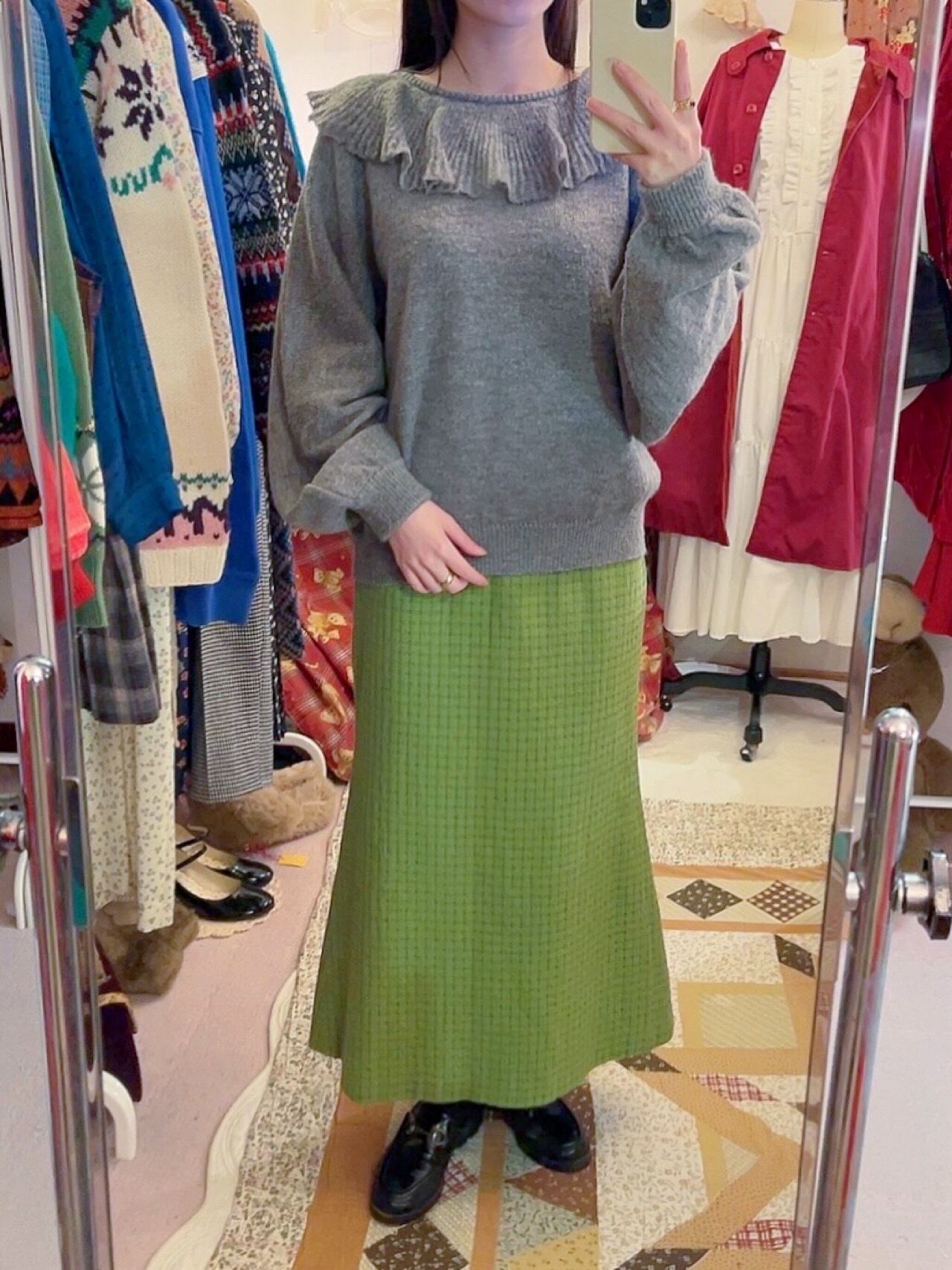 light green check long skirt