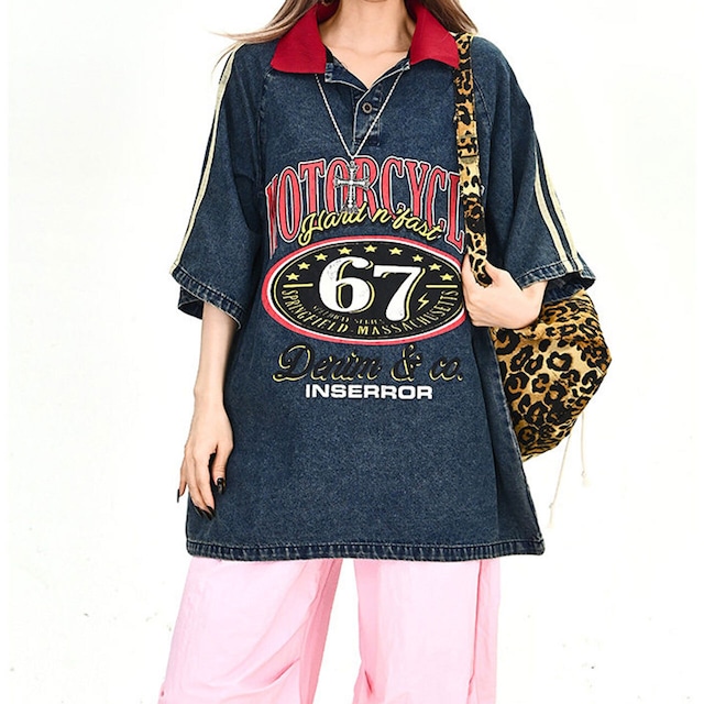 ヴィンテージライクグラフィックデニムビッグシルエットトップス 1col   R02197