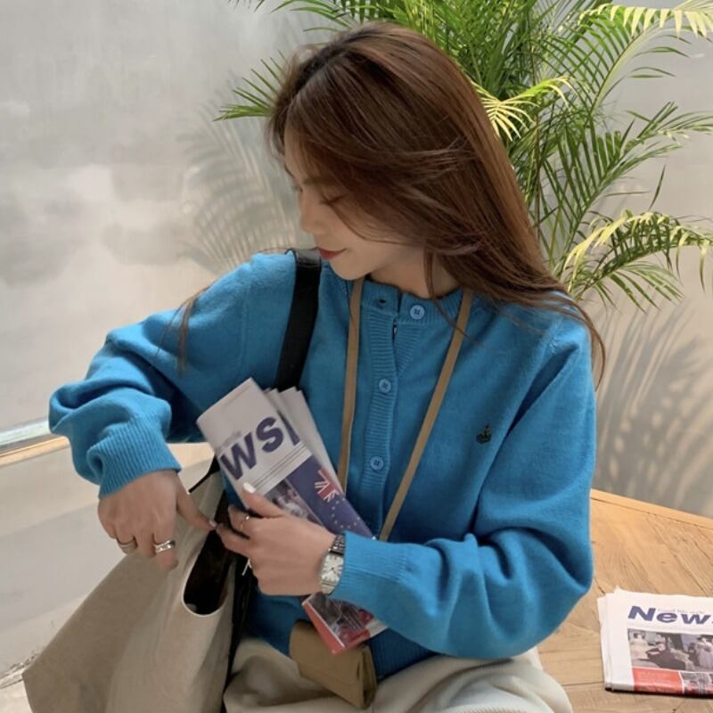 ショートニットカーディガンスプリングルーズブルーセーター コート 長袖スリーブトップス ロング 春物 YY-ファッション12574355025