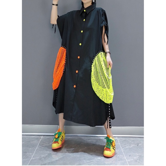 MESH PATCHED HALF SLEEVES LONG SHIRT DRESS 1color M-5008