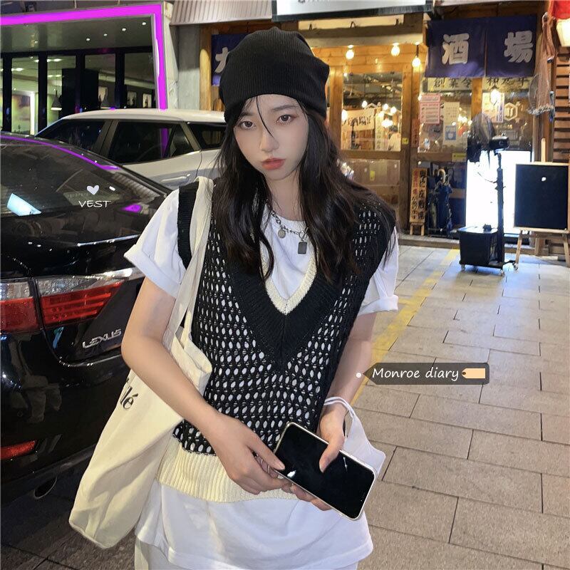 Vネックニットオータム薄手ショートノースリーブトップス 半袖 ハーフスリーブ 秋物 モンロー81679572907