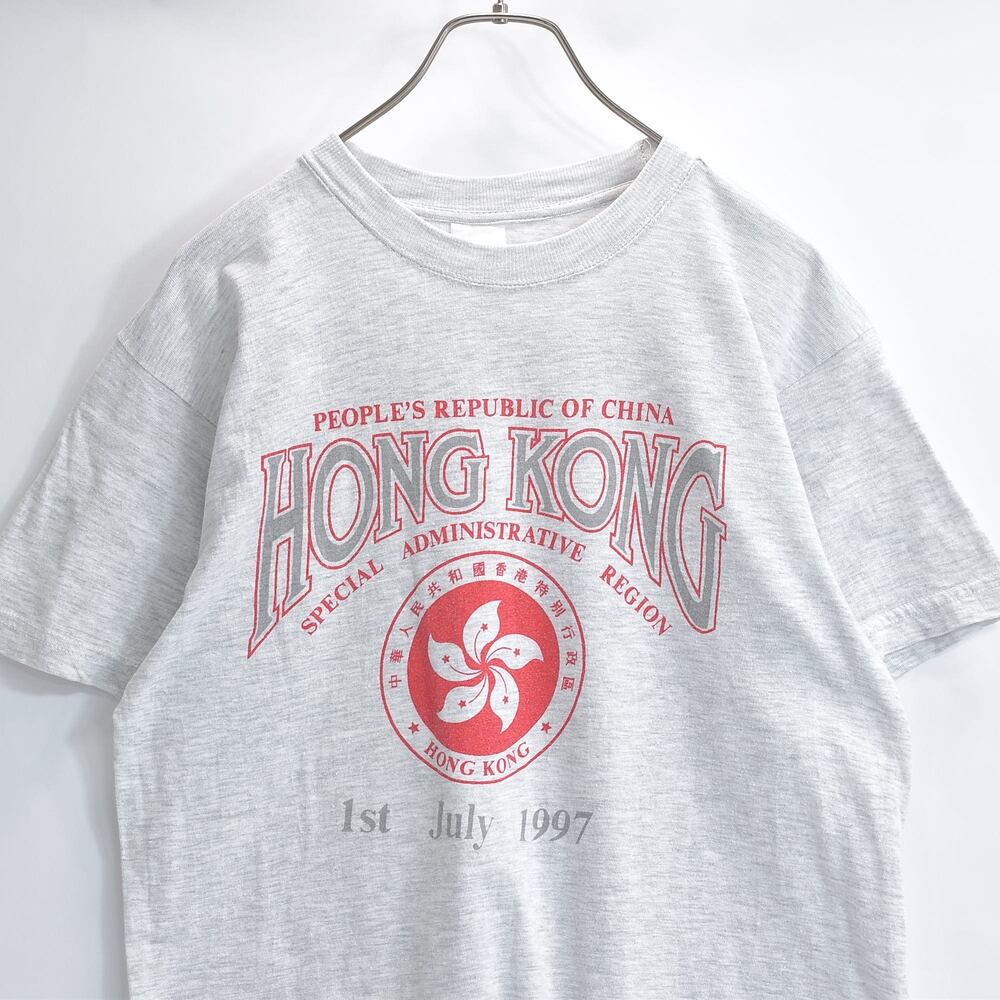 90s Used 半袖 クルーネック Tシャツ 香港返還記念 染み込みプリント スーベニア 1997 バウヒニア 杢グレー USED ヴィンテージ ビンテージ 古着 メンズ M