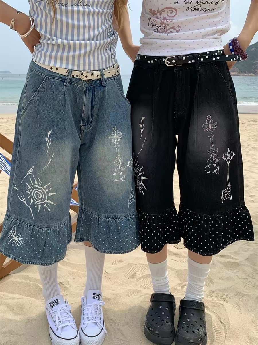 1moresheep] Polka Dot Ruffle Design Denim Pants | 夢メール