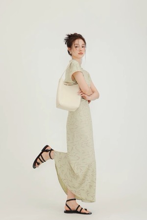 春の竹葉/Spring Bamboo グリーン ワンピース 夏物 袖付き 半袖 チャイナドレス ハイウエスト ラウンドネック ロングスカート