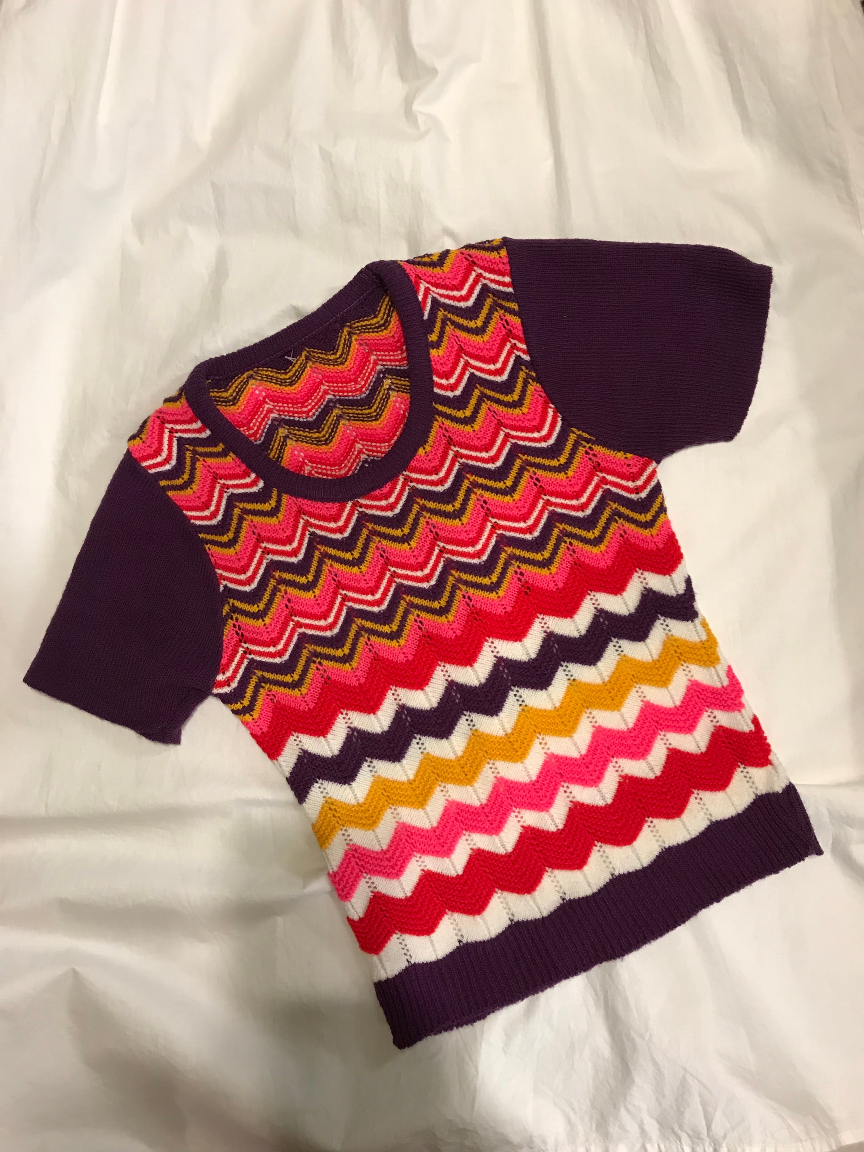70s purple pink summer knit tops ( ヴィンテージ パープル × ピンク