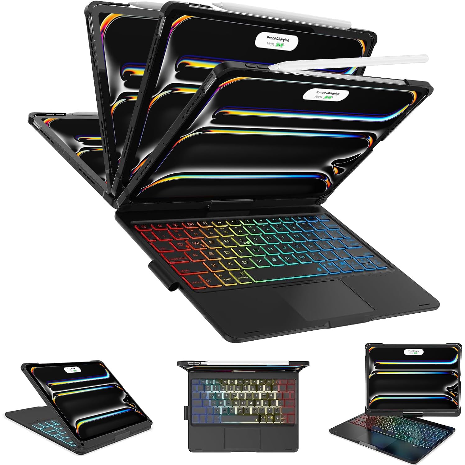 【360°回転スタンド】iPad Pro 11インチ キーボードケース M5 (2025) / M4 (2024) 対応 タッチパッド搭載 7色バックライト 一体型 ペンホルダー付き 耐衝撃 オートスリープ 全面保護カバー (ブラック)